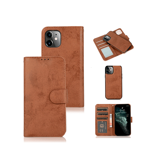 Iphone 12 Vintage  - -  Læder Etui    Aftageligt Cover Brun