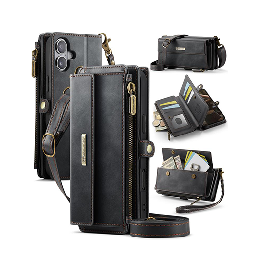 Iphone 16 Caseme Trade  Læder Cover Med Crossbody Strop Sort