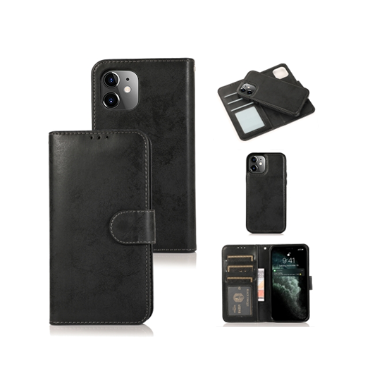 Iphone 11 Vintage  - -  Læder Etui    Aftageligt Cover Sort Grå
