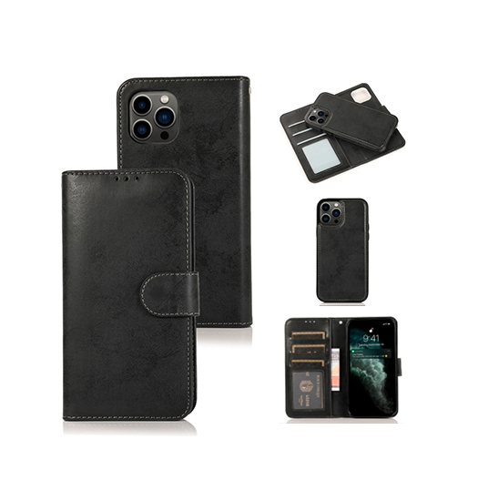 Iphone 12 Pro Max Vintage  - -  Læder Etui    Aftageligt Cover Sort Grå