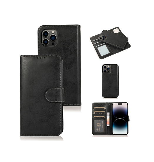 Iphone 15 Pro Vintage  - -  Læder Etui    Aftageligt Cover Sort Grå
