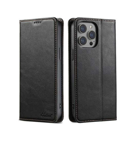 Iphone 15 Pro Max Suteni  Heritage Oil Læder Flipcover Sort