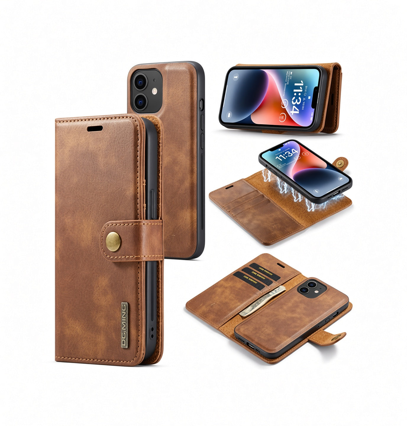 Iphone 12 Vintage  - -  Læder Etui  Aftageligt Cover   Brun    Ming Trade