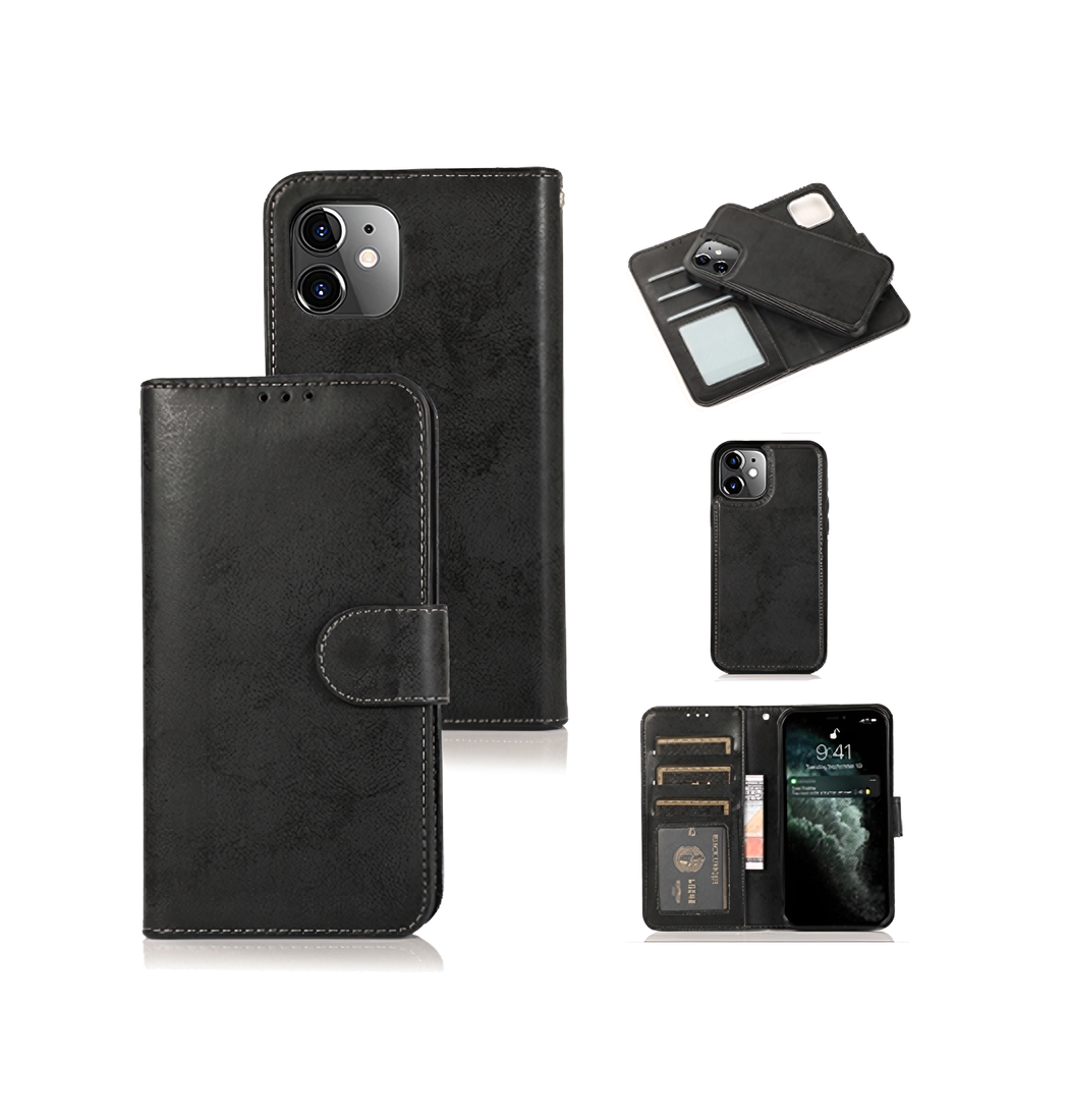 Iphone 11 Vintage - - Læder Etui Aftageligt Cover Sort Grå