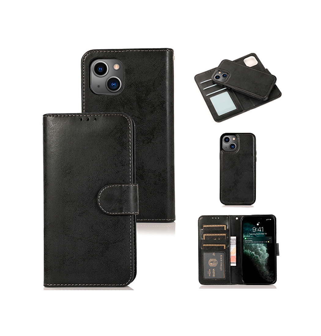 Iphone 13 Vintage  - -  Læder Etui    Aftageligt Cover Sort Grå
