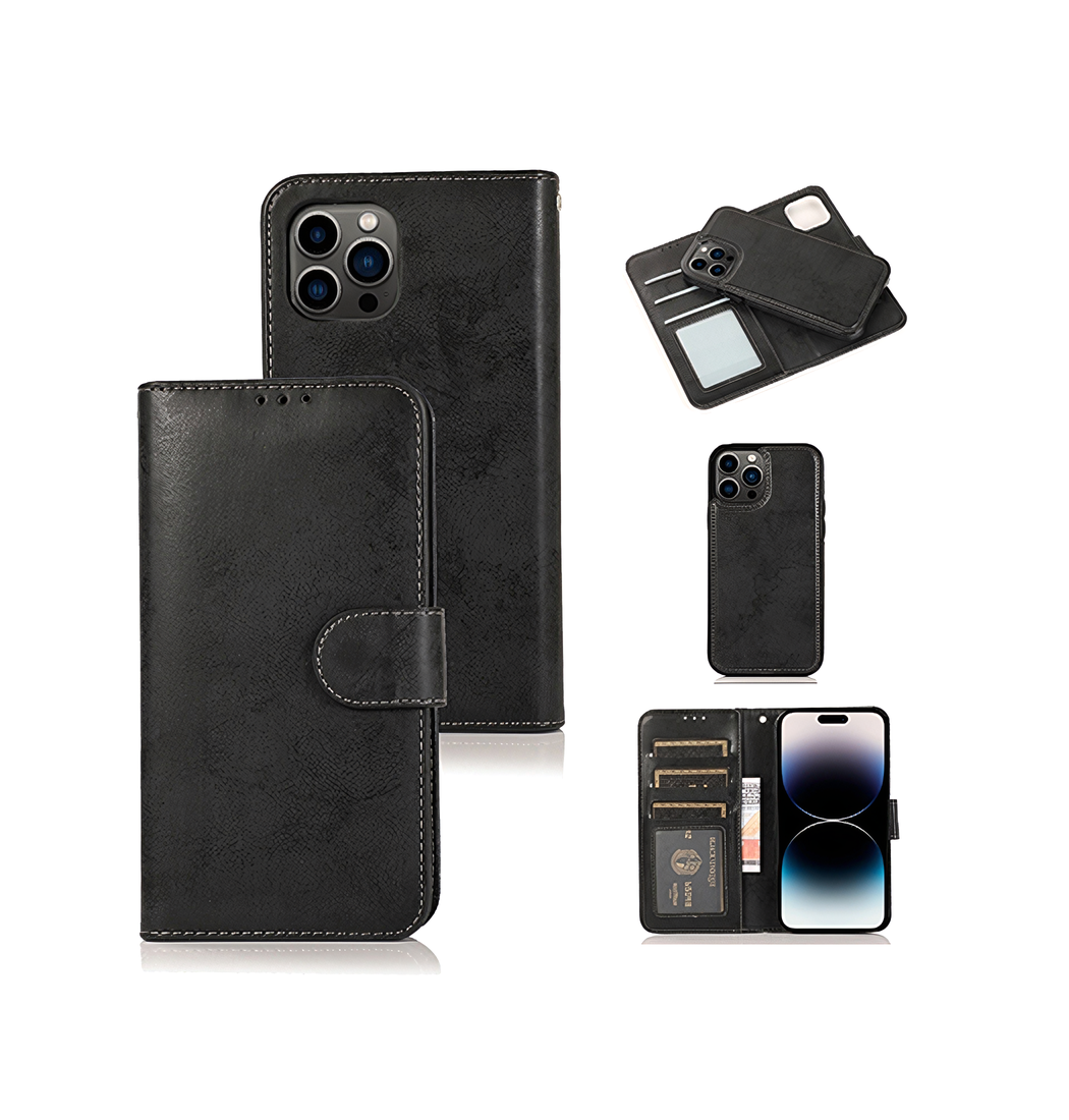Iphone 14 Pro Vintage  - -  Læder Etui    Aftageligt Cover Sort Grå